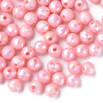 Opaque Acrylic Beads, AB Color Plated, Faceted, Round, Pink, 6x5.5mm, Hole: 1.5mm, about 4800pcs/500g