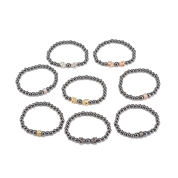 8Pcs 8 Style Synthetic Hematite Stretch Bracelets Sets, Leopard & Column Brass Beads Bracelets with Cubic Zirconia for Women, Mixed Color, Inner Diameter: 2-1/4 inch(5.8cm), 1Pc/style