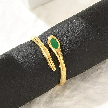 Snake 304 Stainless Steel Enamel Cuff Rings for Women, Golden, Green, Inner Diameter: 18mm