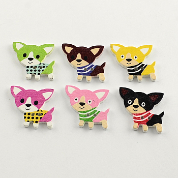 2-Hole Puppy Printed Wooden Buttons, Chihuahua Dog, Mixed Color, 25x26x2mm, Hole: 2mm
