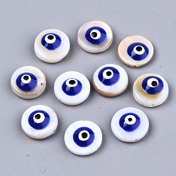 Natural Freshwater Shell Beads, with Enamel, Flat Round with Evil Eye, Blue, 9x4.5mm, Hole: 0.8mm
