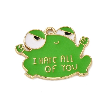 Zinc Alloy Enamel Pendants, Cadmium Free & Nickel Free & Lead Free, Gloden, Frog with Word I Hate all of you Charm, Lime Green, 23x24.5x1mm, Hole: 1.4mm