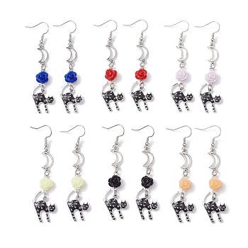 Alloy Enamel Cat Dangle Earrings, Flower Brass Resin Earrings for Women, Mixed Color, 73x17.5mm, 6pairs/set