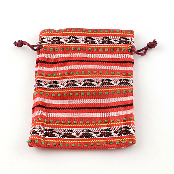 Ethnic Style Cloth Packing Pouches Drawstring Bags, Rectangle, Tomato, 14x10cm