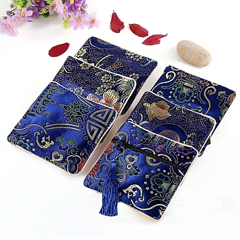 Square Chinese Style Brocade Zipper Bags with Tassel, for Bracelet, Necklace, Random Pattern, Dark Blue, 11.5x11.5cm