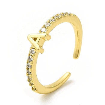 Clear Cubic Zirconia Initial Letter Open Cuff Ring, Real 18K Gold Plated Brass Jewelry for Women, Cadmium Free & Nickel Free & Lead Free, Letter.A, US Size 7 3/4(17.9mm)