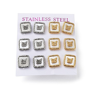 6 Pair 2 Color Square & Butterfly Natural Shell Stud Earrings, 304 Stainless Steel Earrings, Golden & Stainless Steel Color, 13x12mm, 3 Pair/color