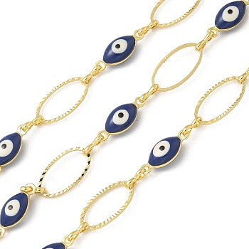 Rack Plating Brass Enamel Link Chains, Long-Lasting Plated, Unwelded, Real 18K Gold Plated, Oval with Evil Eye, Marine Blue, 13~13.5x5~7x0.8~4mm