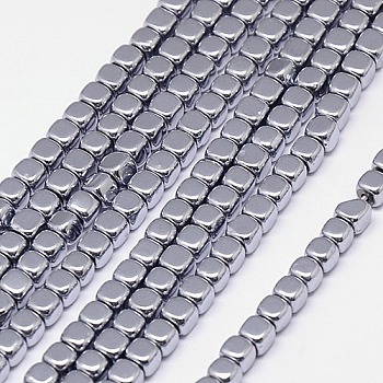 Electroplate Non-magnetic Synthetic Hematite Beads Strands, Cube, Grade A, Platinum Plated, 2x2x2mm, Hole: 0.6mm, about 200pcs/strand, 16 inch