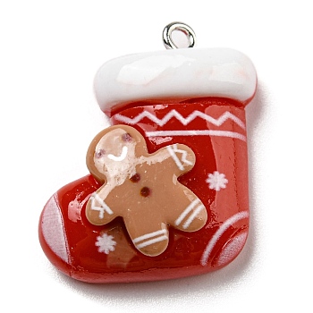 Opaque Resin Pendants, Christmas Charms with Platinum Plated Iron Loops, Christmas Socking, 26x23x8mm, Hole: 2mm