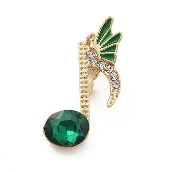 Musical Note Rhinestone Brooch Pins, Zinc Alloy Badge for Backpack Clothes, Emerald, 30x19mm