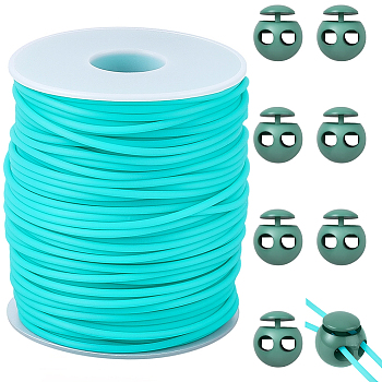 8Pcs Plastic Cord Locks, 1Roll Hollow Pipe PVC Tubular Synthetic Rubber Cord, 1Pc Organza Gift Bags, Turquoise, 20.5x18.5mm, Hole: 5.3x3.6mm