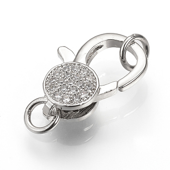 Brass Micro Pave Cubic Zirconia Lobster Claw Clasps, Platinum, 15~16x10~11x4.5mm, Hole: 3mm