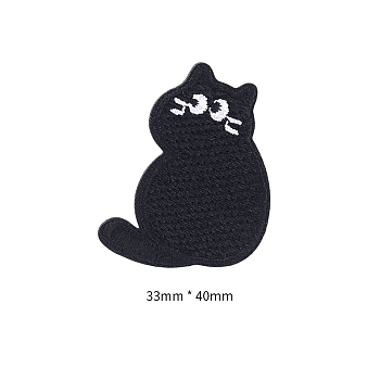 Computerized Embroidery Cloth Self Adhesive Patches, Stick On Patch, Costume Accessories, Appliques, Cat Shape, Black, 33x40mm