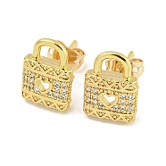 Brass Micro Pave Cubic Zirconia Ear Studs, Real 18K Gold Plated, Lock, 12x9mm(EJEW-P261-29B-G)