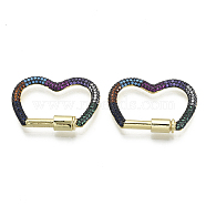 Brass Micro Pave Cubic Zirconia Screw Carabiner Lock Charms, for Necklaces Making, Heart, Nickel Free, Real 16K Gold Plated, Colorful, 22x31~32x3mm, Screw: 8x5mm(ZIRC-N039-013B-NF)