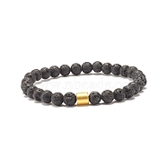 Natural Lava Rock Round Beaded Stretch Bracelet with Column Synthetic Hematite, Oil Diffuser Power Stone Jewelry for Women, Black, Inner Diameter: 2-3/8 inch(6cm)(BJEW-JB07578-01)