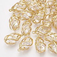 Brass Cubic Zirconia Pendants, Oval, Clear, Real 18K Gold Plated, Hollow, 17x9x9mm, Hole: 1.2mm(KK-T035-39)