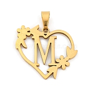 Ion Plating(IP) 201 Stainless Steel Pendants, Heart with Letter Charms, Golden, Letter M, 23x25x1.5mm, Hole: 7.5x3.5mm(STAS-N103-183G-M)