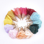 Iron Pendants, with Chiffon, Flower, Golden, Mixed Color, 23~28x20~30mm, Hole: 1~3mm(X-FIND-T033-05)