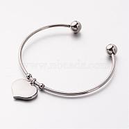 304 Stainless Steel Cuff Bangles, Heart Charm Bangles, Stainless Steel Color, 61mm(BJEW-JB02389-01)