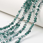 Electroplate Transparent Glass Beads Strands, Half Silver Plated, Faceted, Rondelle, Teal, 6x5mm, Hole: 1mm, about 83~85pcs/strand, 38~39cm(EGLA-A034-T6mm-M15)
