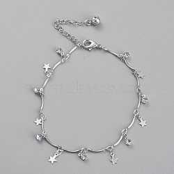 Brass Star Charm Anklets, with Bar Link Chains, Rhinestone and Bell Charms, Platinum, 8-3/8 inch(21.4cm)(AJEW-B005-17P)