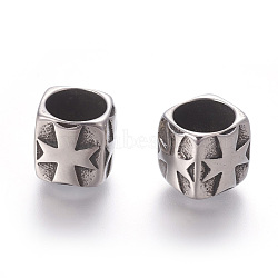 304 Stainless Steel Beads, Large Hole Beads, Rectangle with Cross, Antique Silver, 10.7x11mm, Hole: 8.3mm(STAS-E452-35AS)