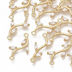 Brass Micro Pave Cubic Zirconia Links connectors, for Jewelry DIY Craft Making, Nickel Free, Branch, Clear, Real 18K Gold Plated, 22x9x3mm, Hole: 1.2mm(KK-S354-120-NF)