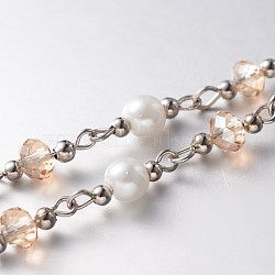 Handmade Faceted Rondelle Glass Beads Chains for Necklaces Bracelets Making, with Glass Pearl Beads, Iron Spacer Beads and Iron Eye Pin, Unwelded, Platinum, PeachPuff, 39.3 inch, about 60pcs/strand(AJEW-JB00122-04)