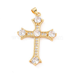 5Pcs Rack Plating Brass Micro Pave Cubic Zirconia Pendants, Cadmium Free & Lead Free, Cross, Real 18K Gold Plated, 40.5x27.5x4.5mm, Hole: 5x3mm(ZIRC-SZ0003-72)