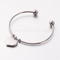 Tarnish Resistant 304 Stainless Steel Cuff Bangles, Heart Charm Bangles, Stainless Steel Color, 61mm(BJEW-JB02389-01)