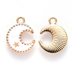 Alloy Enamel Pendants, Moon & Star, Light Gold, White, 16x13x2mm, Hole: 1.8mm(X-ENAM-S121-063B)
