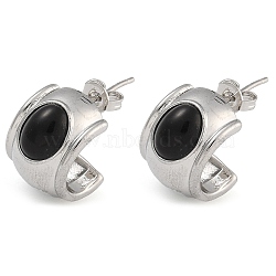 Brass & Natural Agate C-Shaped Stud Earrings, Platinum, 15x10.5mm(EJEW-K293-09P)