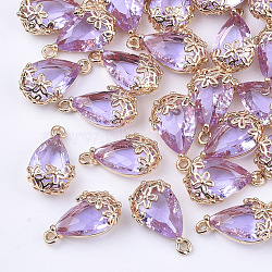 Transparent Glass Pendants, for DIY Jewelry Making, with Brass Findings, Faceted, teardrop, with Flower, Light Gold, Medium Purple, 16x9x6mm, Hole: 1.2mm
(X-GLAA-T007-05D)