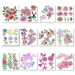 12Pcs 12 Styles PET Plastic Hollow Out Drawing Painting Stencils Templates, Square, Rose Pattern, 18x18cm, 1pc/style(DIY-WH0286-039)