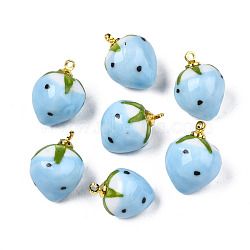 Handmade Porcelain Pendants, with Golden Plated Brass Findings, Famille Rose Style, 3D Strawberry, Light Sky Blue, 18~20x13.5~15mm, Hole: 1.6mm(PORC-N004-152B-03)