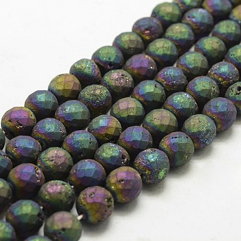Electroplated Natural Druzy Geode Crystal Beads Strands, Round, Faceted, Dyed, Multi-color Plated, 10mm, Hole: 1mm, about 20pcs/strand, 7.48 inch (19cm)