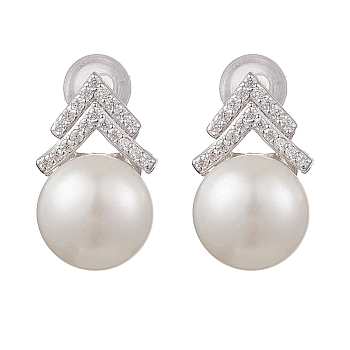 Natural Pearl Ear Studs, with Sterling Silver Micro Pave Clear Cubic Zirconia Findings, Round, Platinum, 16x10mm