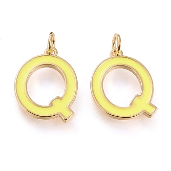 Brass Enamel Pendants, with Jump Ring, Long-Lasting Plated, Real 18K Gold Plated, Letter.Q, Champagne Yellow, Letter.Q, Q: 18x14x1.8mm, Jump Rings: Inner Diameter: 3mm