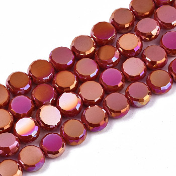 Electroplate Opaque Solid Color Glass Beads Strands, AB Color Plated, Faceted Flat Round, Dark Red, 8x4mm, Hole: 1.5mm, about 99~101pcs/strand, 27.76 inch~28.94 inch, (70.5cm~73.5cm)