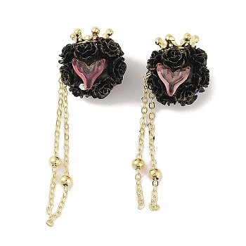 Polymer Clay Rhinestone Beads, with Glitter, Resin & Acrylic & Glass Cabochon & Alloy Chain, Rose with Crown & Fishtail, Black, 60~69mm