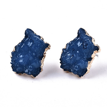 Druzy Resin Stud Earrings, with Steel Pins and Edge Light Gold Plated, Nuggets, Blue, 19.5x16.5mm, Pin: 0.7mm
