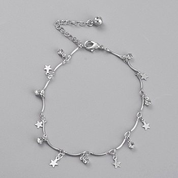 Brass Star Charm Anklets, with Bar Link Chains, Rhinestone and Bell Charms, Platinum, 8-3/8 inch(21.4cm)