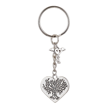 Valentine's Day Heart Alloy Pendant Keychain, with Iron Split Key Rings, Tree of Life, 7.4cm