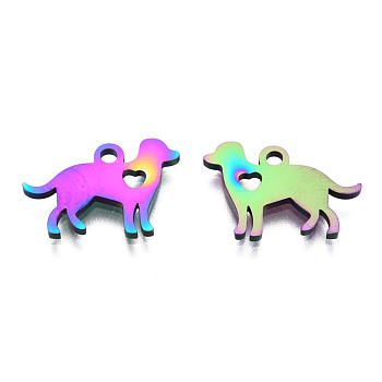 Ion Plating(IP) 304 Stainless Steel Puppy Pendants, Dog with Heart Charms, Rainbow Color, 11x15.5x1mm, Hole: 1.5mm