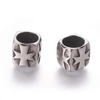 304 Stainless Steel Beads, Large Hole Beads, Rectangle with Cross, Antique Silver, 10.7x11mm, Hole: 8.3mm