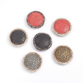 Pearl Fishskin Leather Beads, with Polymer Clay Rhinestone, Flat Round, Mixed Color, 32~33x10~11mm, Hole: 1mm