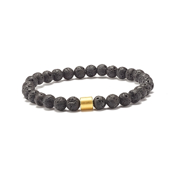 Natural Lava Rock Round Beaded Stretch Bracelet with Column Synthetic Hematite, Oil Diffuser Power Stone Jewelry for Women, Black, Inner Diameter: 2-3/8 inch(6cm)