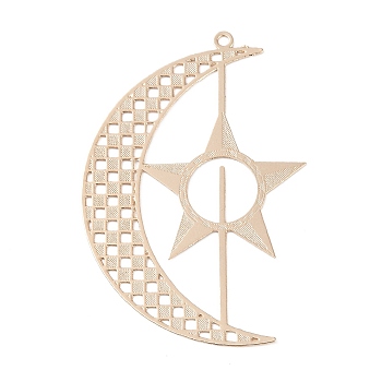 Brass Etched Metal Embellishments Big Pendants, Long-Lasting Plated, Moon with Star, Light Gold, 52x35x0.3mm, Hole: 1.6mm